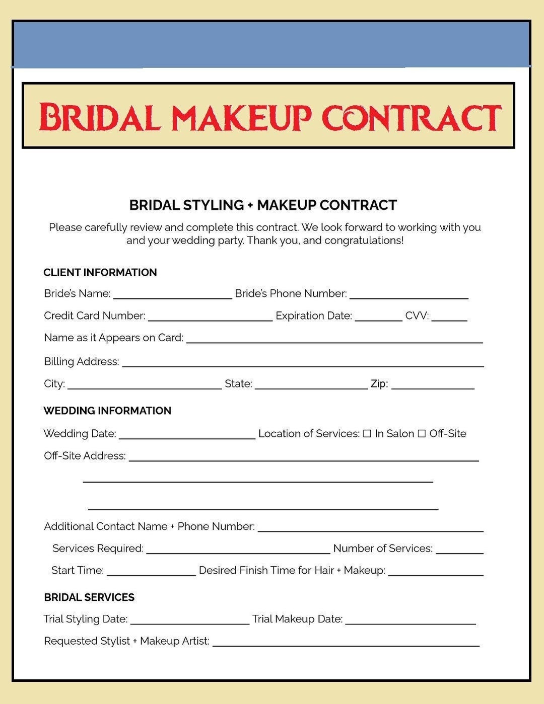 Bridal Makeup Contract Bridal Contract for Makeup Artist Makeup Service Bridal Makeup Contract Bridal Contract for Makeup Artist Makeup Service
