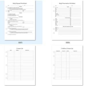 May include: A set of eight black and white printable forms for funeral planning. The forms include a beneficiary list, body disposal worksheet, body presentation worksheet, services to be canceled, creditors contact list, contact list, creditors contact list, and cremation authorization form.