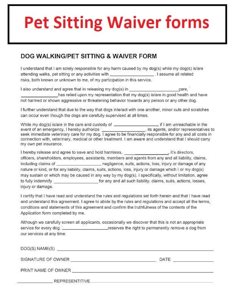 Pet Sitting Waiver Form Pet Sitting Release Form Dog Etsy