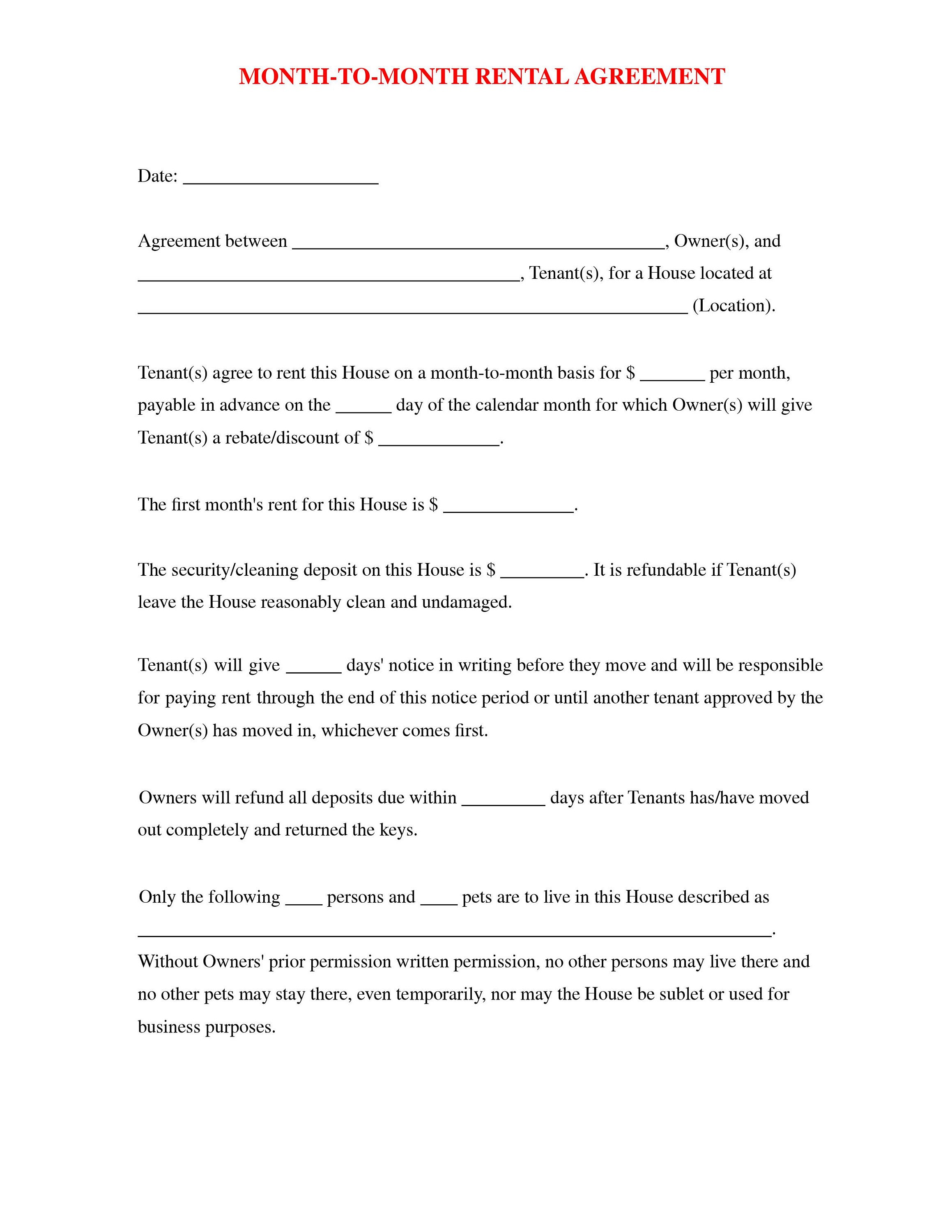 Month to Month Rental Agreement Monthly Rental Agreement - Etsy