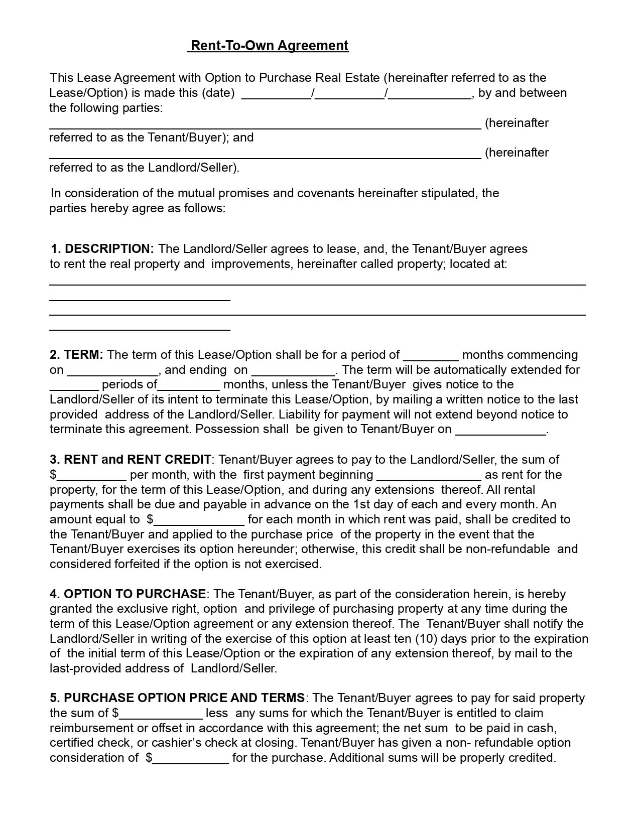 Rent to Own Agreement Lease to Own Option Agreement Lease Etsy UK