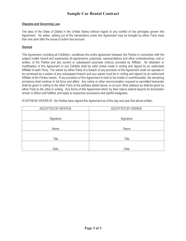 Car Rental Agreement Vehicle Rental Agreement Car Rentals Etsy