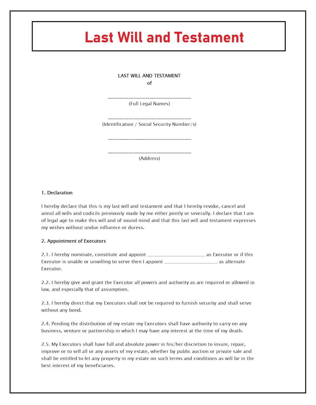 Last Will and Testament Last Will and Testament Template Editable PDF