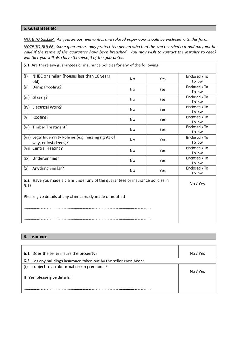 Property questionnaire section covering guarantees, warranties and insurance policies