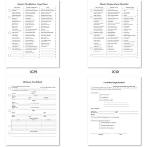 May include: A set of printable checklists and worksheets for planning and organizing a funeral. The pages include sections for "Letters to Others", "Master Checklist for Loved Ones", "Master Preparation Checklist", "Notification Checklist", "Obituary Worksheet", "Consent for Organ Donation", and "My Passwords".