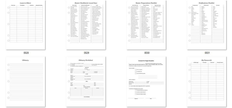 May include: A set of printable checklists and worksheets for planning and organizing a funeral. The pages include sections for "Letters to Others", "Master Checklist for Loved Ones", "Master Preparation Checklist", "Notification Checklist", "Obituary Worksheet", "Consent for Organ Donation", and "My Passwords".
