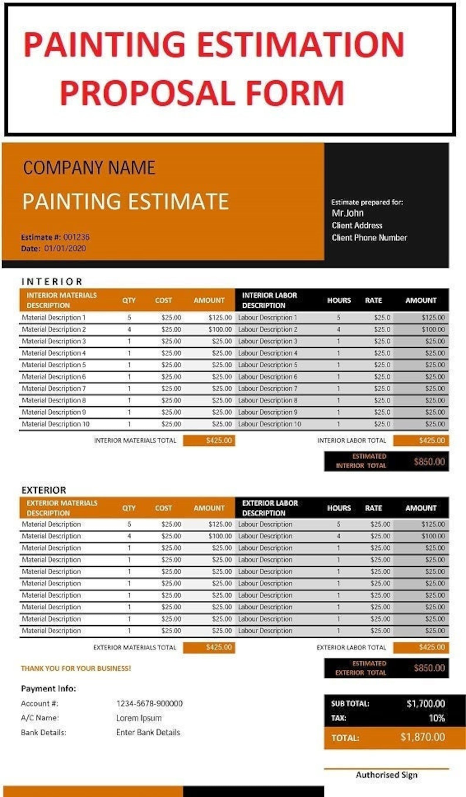 Painting Estimation Template Interior Painting Job Proposal Etsy Painting Estimation Template Interior Painting Job Proposal Etsy