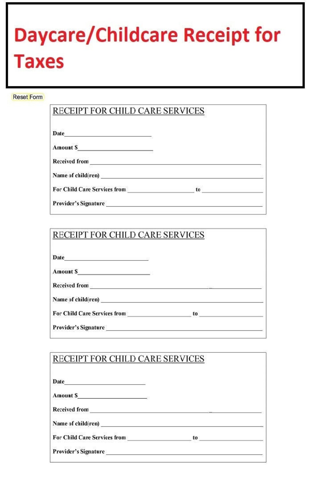Childcare Receipts For Parents Taxes Daycare Receipts For Parents Taxes Fillable PDF Form