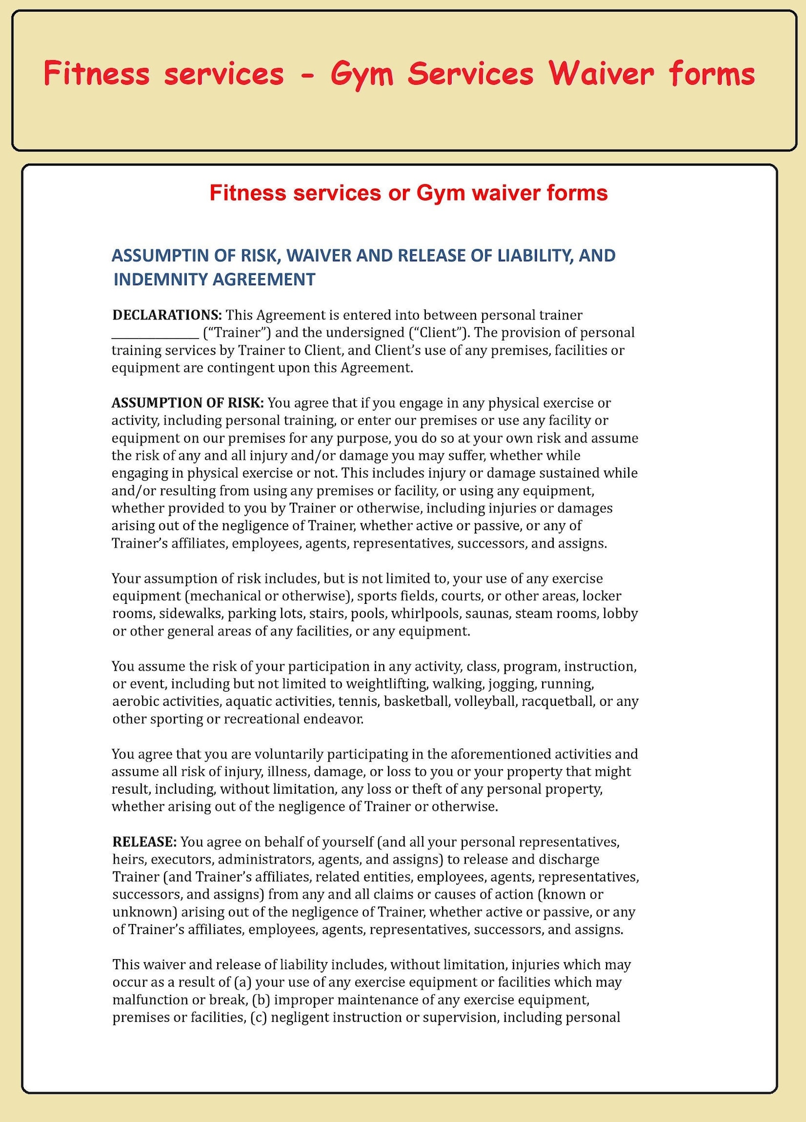 Fitness Services Waiver Template Gym Services Waiver Forms Etsy