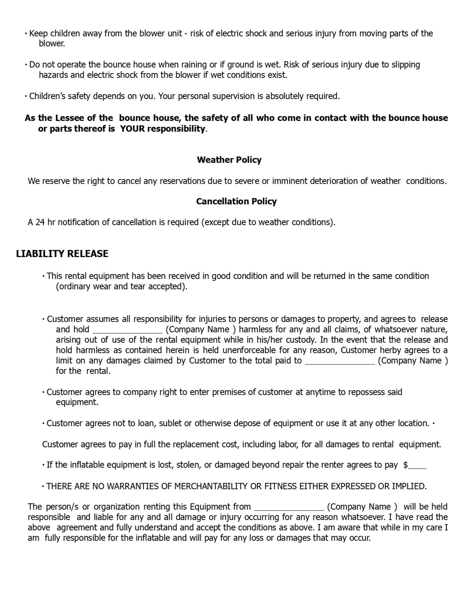 Bounce House Rental Agreement Inflatable Rental Contract Etsy