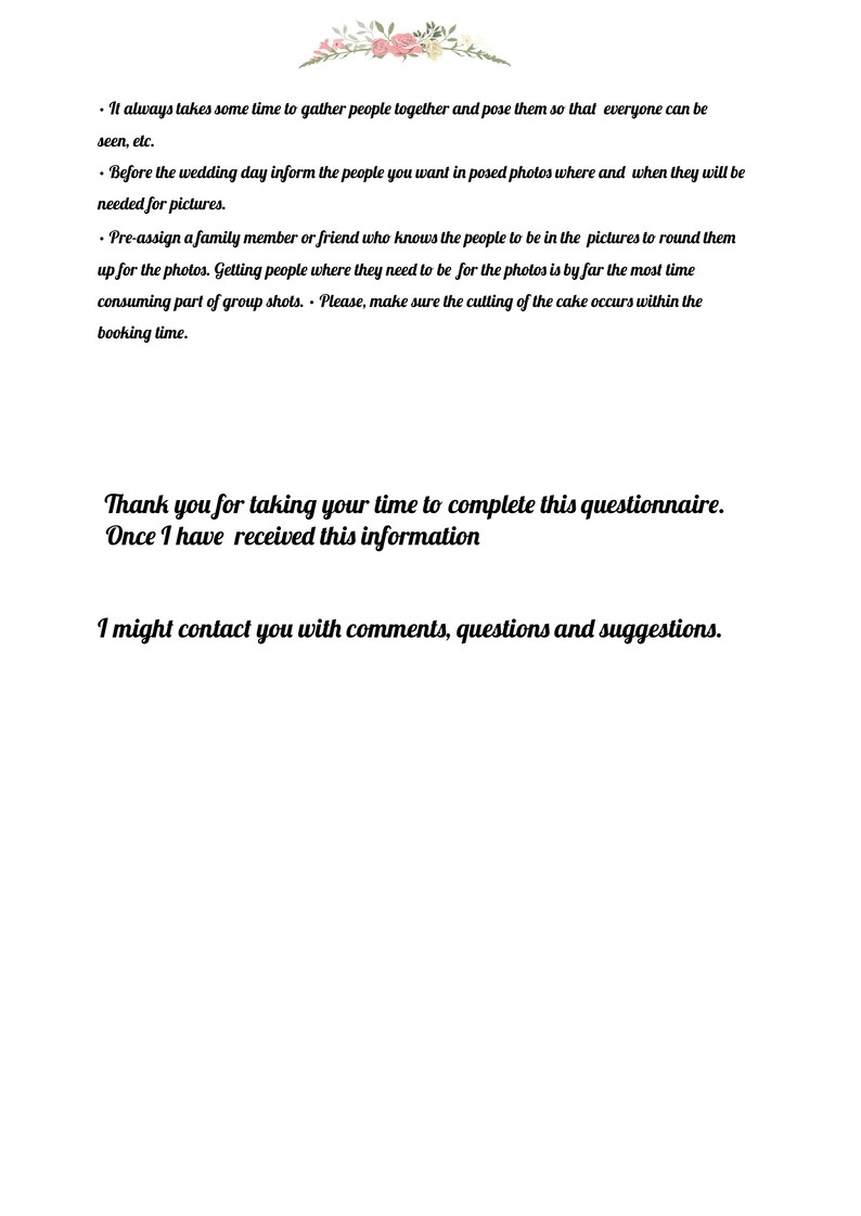 Wedding Photography Questionnaire Form Pre Wedding Etsy