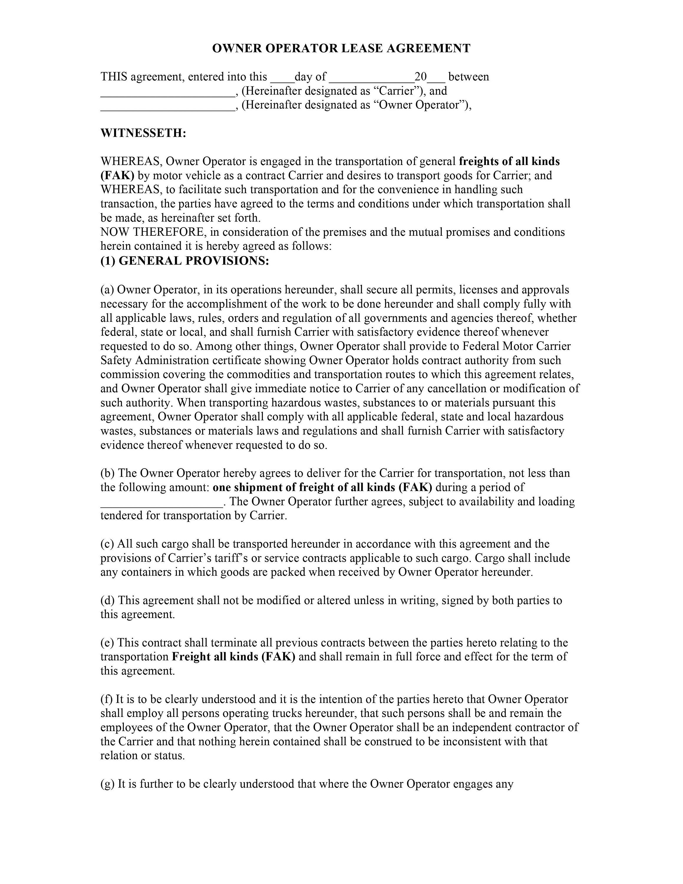 Owner Operator Lease Agreement With Policy Contract Owner - Etsy