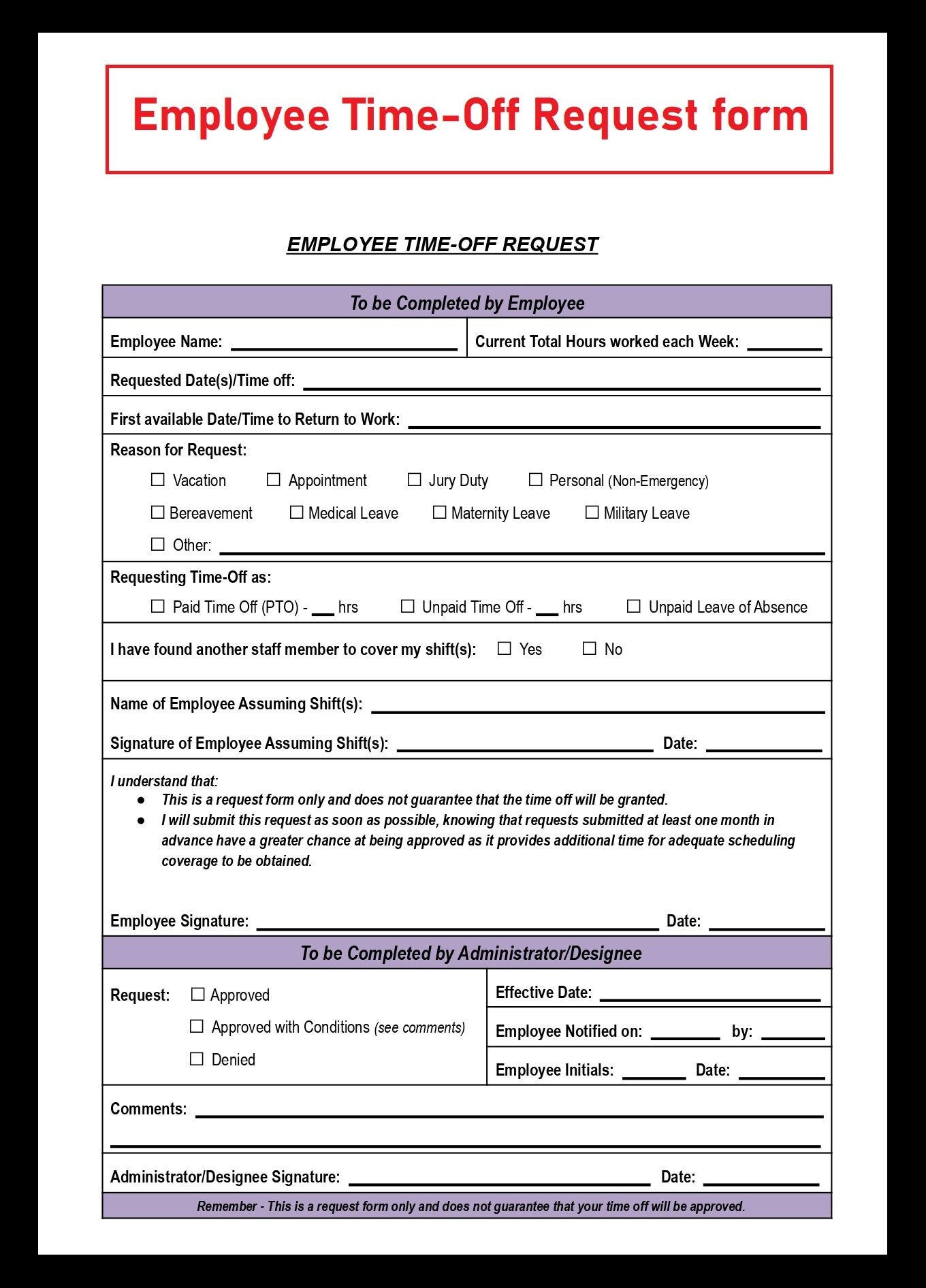 Employee Time Off Request Form PDF And Word File Instant Etsy
