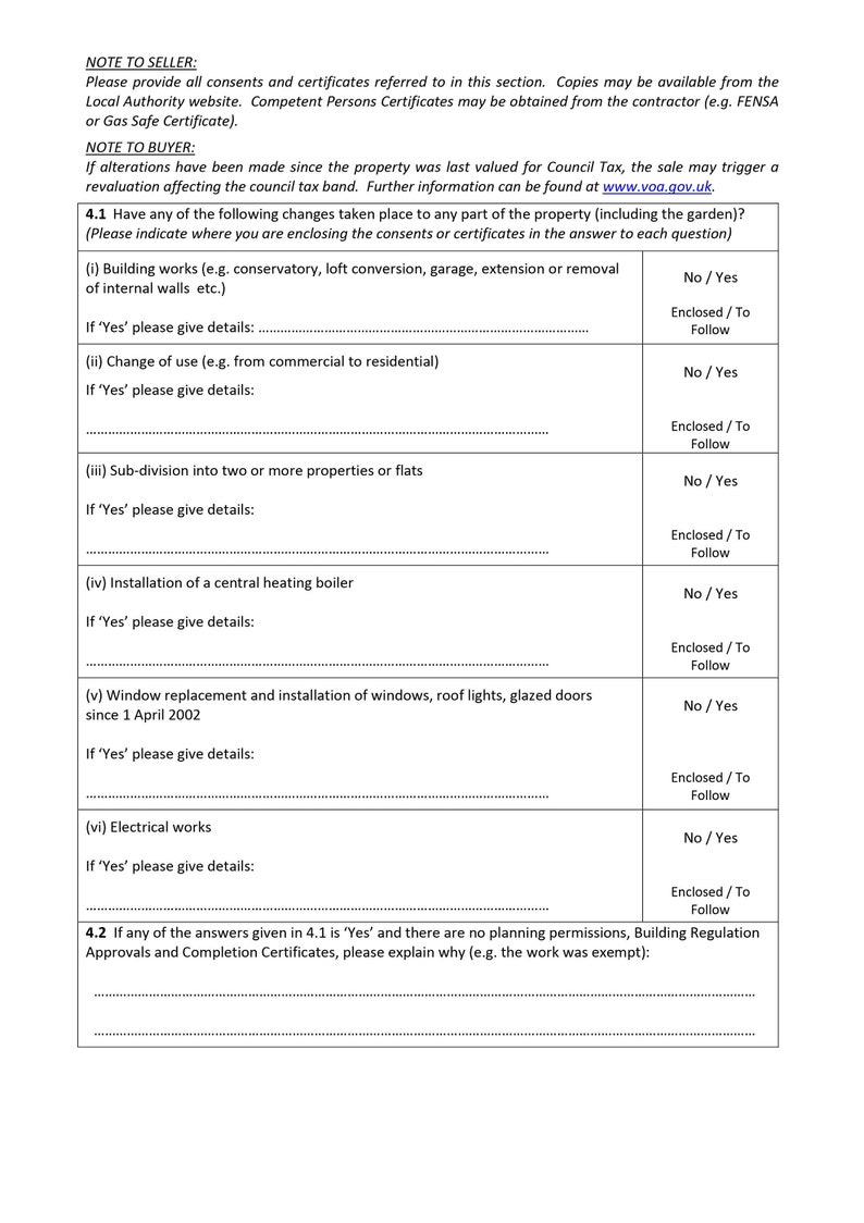 Property questionnaire page listing building works and alterations with yes or no responses