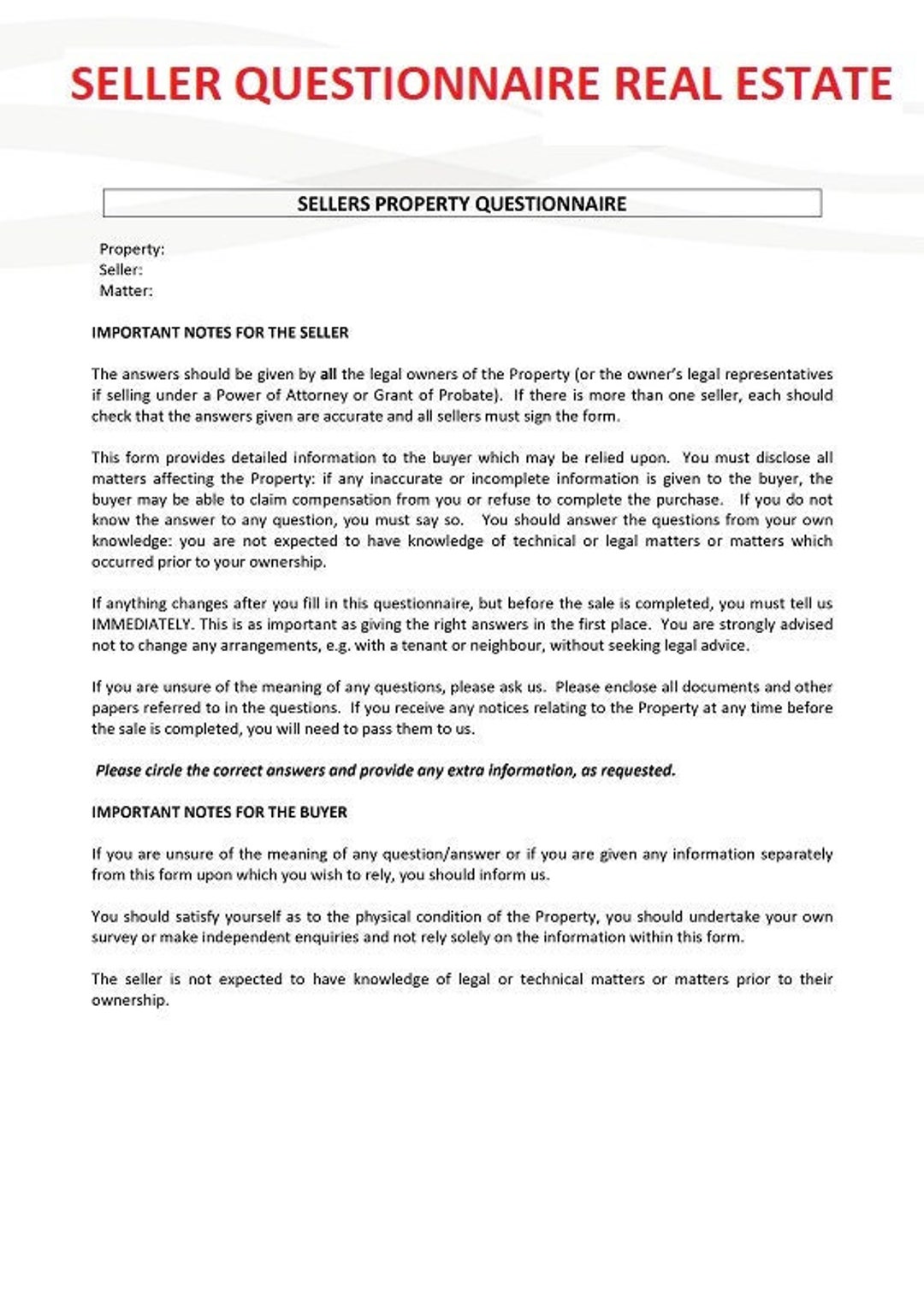 Real Estate Seller Questionnaire Form in PDF Format Instantly