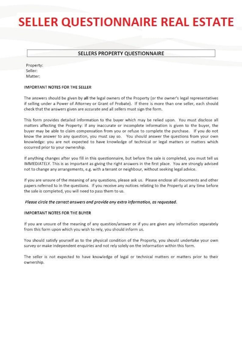 Real Estate Seller Questionnaire Form in PDF Format Etsy
