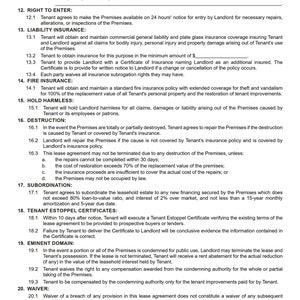Op de afbeelding: Een juridisch document dat de voorwaarden van een huurovereenkomst tussen een verhuurder en een huurder vastlegt. Het document behandelt onderwerpen als huurdersverbeteringen, het recht om binnen te komen, aansprakelijkheidsverzekering, brandverzekering, vrijwaring, vernietiging, ondergeschiktheid, huurder-estoppelcertificaten, onteigening en afstand.