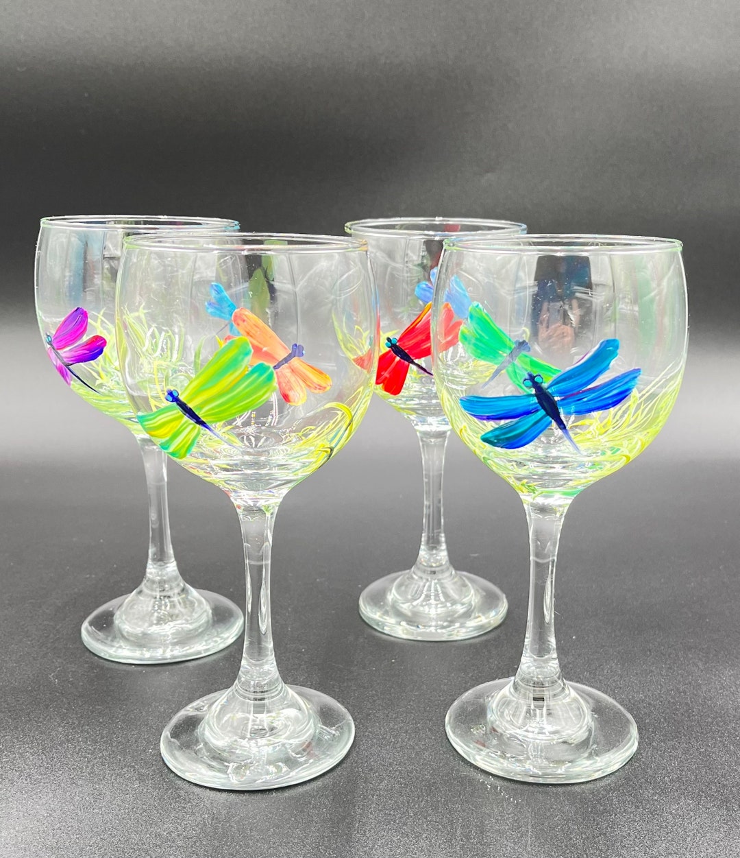 Dragonfly Wine Glasses Set of Four Hand Painted Etsy