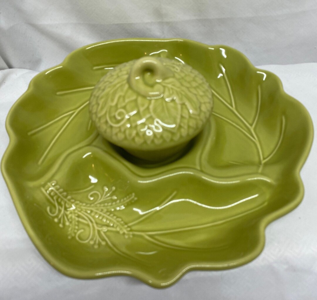 Pfaltzgraff Chip and Dip Set Green Leaf Pattern With Acorn Dish Etsy