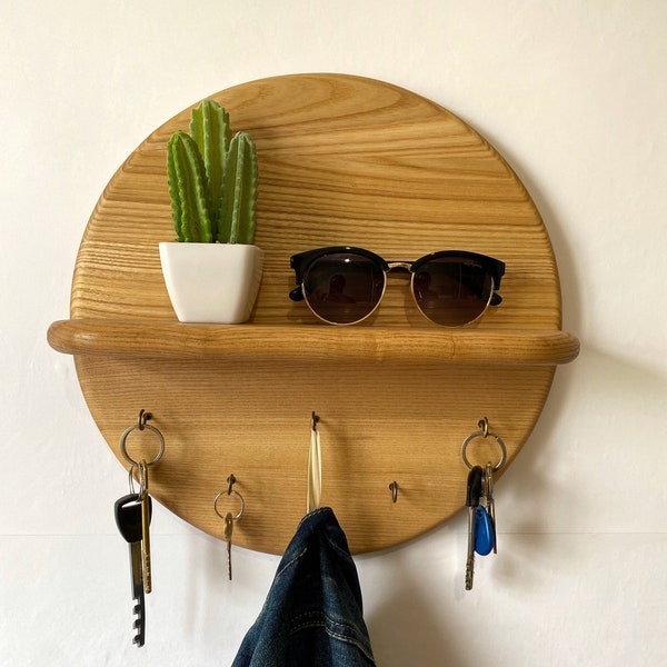 Floating Shelf Key Hook – Wall Key Holder - Wood Wall Shelf – Wooden Shelf Key Hanger - Round Key Organizer Shelf - Home Décor