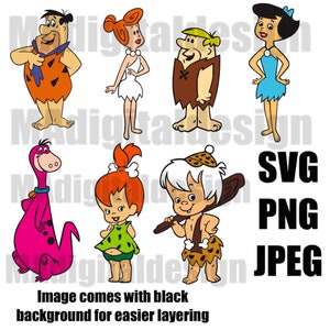 The Flintstones classic cartoon bundle with Fred, Wilma, Pebbles, Dino, Barney, Betty, and Bam Bam digital files svg, png, jpeg for Cricut