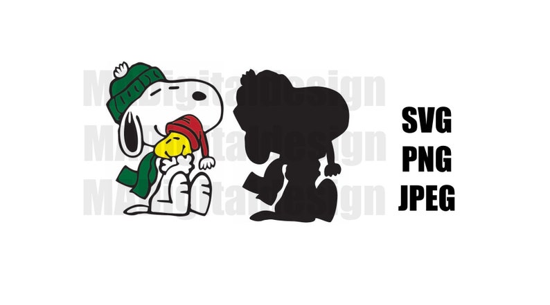 May include: A black and white illustration of Snoopy wearing a green hat and scarf, hugging a yellow bird wearing a red hat. The illustration is in a cartoon style.