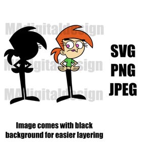Könnte beinhalten: Ein Cartoon-Charakter mit orangefarbenem Haar, einem grünen Oberteil und einer schwarzen Hose, mit einer schwarzen Silhouette derselben Figur. Der Text "SVG, PNG, JPEG" und "Image comes with black background for easier layering."