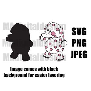 Puede incluir: Ilustración digital de un elefante de dibujos animados con lunares rosas, junto a una silueta negra del mismo elefante. La imagen incluye el texto "SVG PNG JPEG" y "La imagen viene con fondo negro para facilitar la superposición."