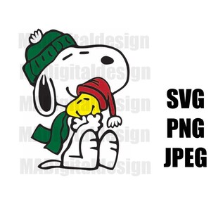 May include: A white cartoon dog wearing a green hat and scarf is hugging a yellow cartoon bird wearing a red hat. The dog is smiling and the bird is looking at the viewer. The image is in a cartoon style and is suitable for use as a digital download.