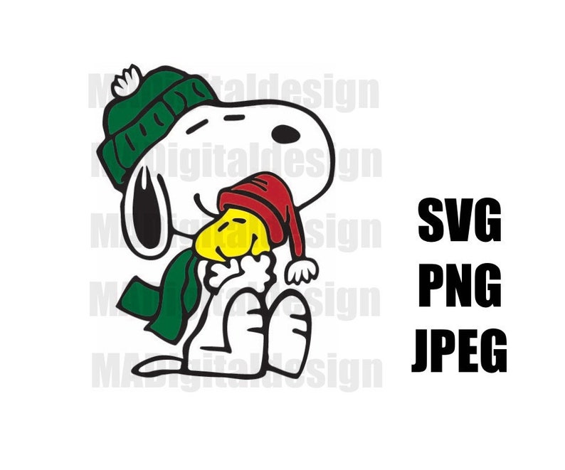 May include: A white cartoon dog wearing a green hat and scarf is hugging a yellow cartoon bird wearing a red hat. The dog is smiling and the bird is looking at the viewer. The image is in a cartoon style and is suitable for use as a digital download.