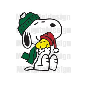 May include: A white cartoon dog wearing a green hat and scarf is hugging a yellow cartoon bird wearing a red hat. The dog and bird are both smiling.