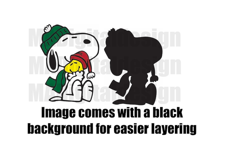 May include: Black and white illustration of Snoopy wearing a green scarf and a red and yellow hat, hugging Woodstock. The image is on a black background.