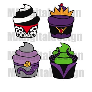 Villains Cupcake Bundle Evil Queen, Maleficent, Ursula & Cruella digital cut file svg, png, jpeg use for crafting, scrapbooking and more!