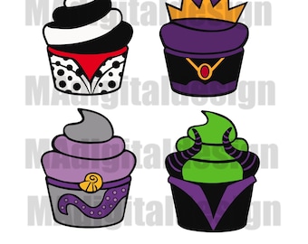 Pacchetto di cupcake Villains: Regina Cattiva, Malefica, Ursula e Crudelia, file di taglio digitale in formato svg, png, jpeg, da utilizzare per lavori artigianali, scrapbooking e molto altro!