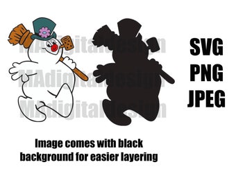 May include: A white cartoon snowman wearing a hat and holding a broom and pipe. The snowman is walking and has a black silhouette behind it. The text "SVG PNG JPEG" is in the upper right corner of the image.
