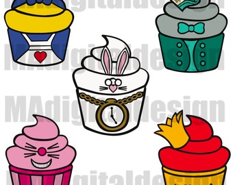 Peut inclure: Cinq illustrations de cupcakes sur le thème d'Alice au pays des merveilles. Chaque cupcake présente des motifs uniques, notamment un nœud, un lapin avec une montre de poche, un sourire du Chat du Cheshire et une couronne de reine. Les couleurs sont variées.