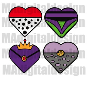 Villians Valentine&#39;s Day heart bundle digital Evil Queen Maleficent Ursula Cruella cut file svg, png, jpeg crafting scrapbooking