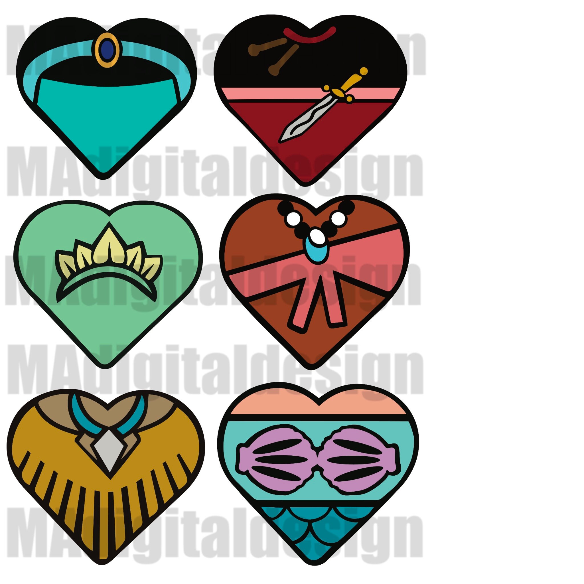 Princess Valentine's Day heart bundle Jasmine, Mulan, Pocahontas, Ariel, Tians, and Moana digital cut files svg, png, jpeg