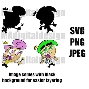 Peut inclure: Conception numérique présentant des personnages de dessins animés en silhouette et en couleur. L'image comprend deux silhouettes noires de personnages avec des couronnes et des baguettes, et deux personnages colorés avec des cheveux verts et roses. Le texte comprend "SVG, PNG, JPEG".