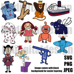 May include: A collection of colorful cartoon illustrations of toys, including a train, lion, boat, dog, doll, bird, bear, airplane, cowboy, clown, and a blue gun. The image includes the text: Image comes with black background for easier layering.