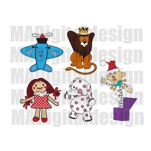 Zestaw 5 obrazków Island of Misfit Toys - King Moonracer, Dolly, Charlie w pudełku, Słoń, Samolot SVG PNG JPEG