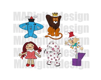 Island of Misfit Toys 5 image bundle - King Moonracer, Dolly, Charlie in the box, Elephant, Airplane SVG PNG JPEG