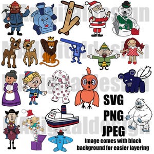May include: A collection of colorful cartoon illustrations of various characters and objects, including Santa Claus, a snowman, a lion with a crown, a reindeer, an elf, a doll, and a boat. The image also includes text that says "SVG PNG JPEG".