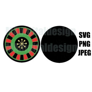 May include: A black and white image of a roulette wheel with red and black markings. The wheel has a green center with a gold star. The image is for a digital download of a SVG, PNG, and JPEG file.