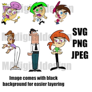 May include: Digital illustration of cartoon characters. The image shows six cartoon characters with varied colours and designs. Text on the right reads "SVG, PNG, JPEG". The bottom of the image states "Image comes with black background for easier layering".