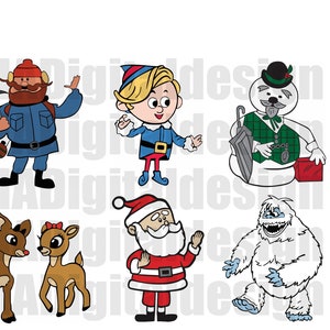 Ensemble d’images Rudolph 6 - Rudolph et Clarice, Père Noël, Abominable Bonhomme de neige, Yukon Cornelius, Hermey l’Elfe, Sam le bonhomme de neige svg fichiers numériques