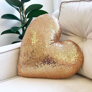 Gold Sequin Heart Pillow: Double Sided Decorative Cushion