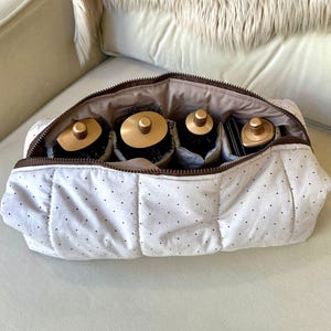 May include: A white cosmetic bag with a brown zipper and small black polka dots. The bag is open, revealing several dark bottles with gold-colored lids. The bag is sitting on a light-colored surface.
