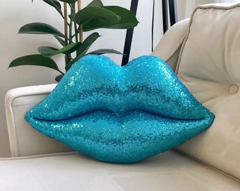 Turquoise Kiss Pillow  Lips Shaped Decorative Pillow Sequin Glitter Kiss Pillow Make Up Pillow Double Size Lips Pillow