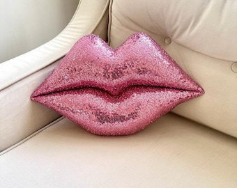 Pink Sequin Lip Pillow Chic Vanity Room Accent Glam Pop Art Decor